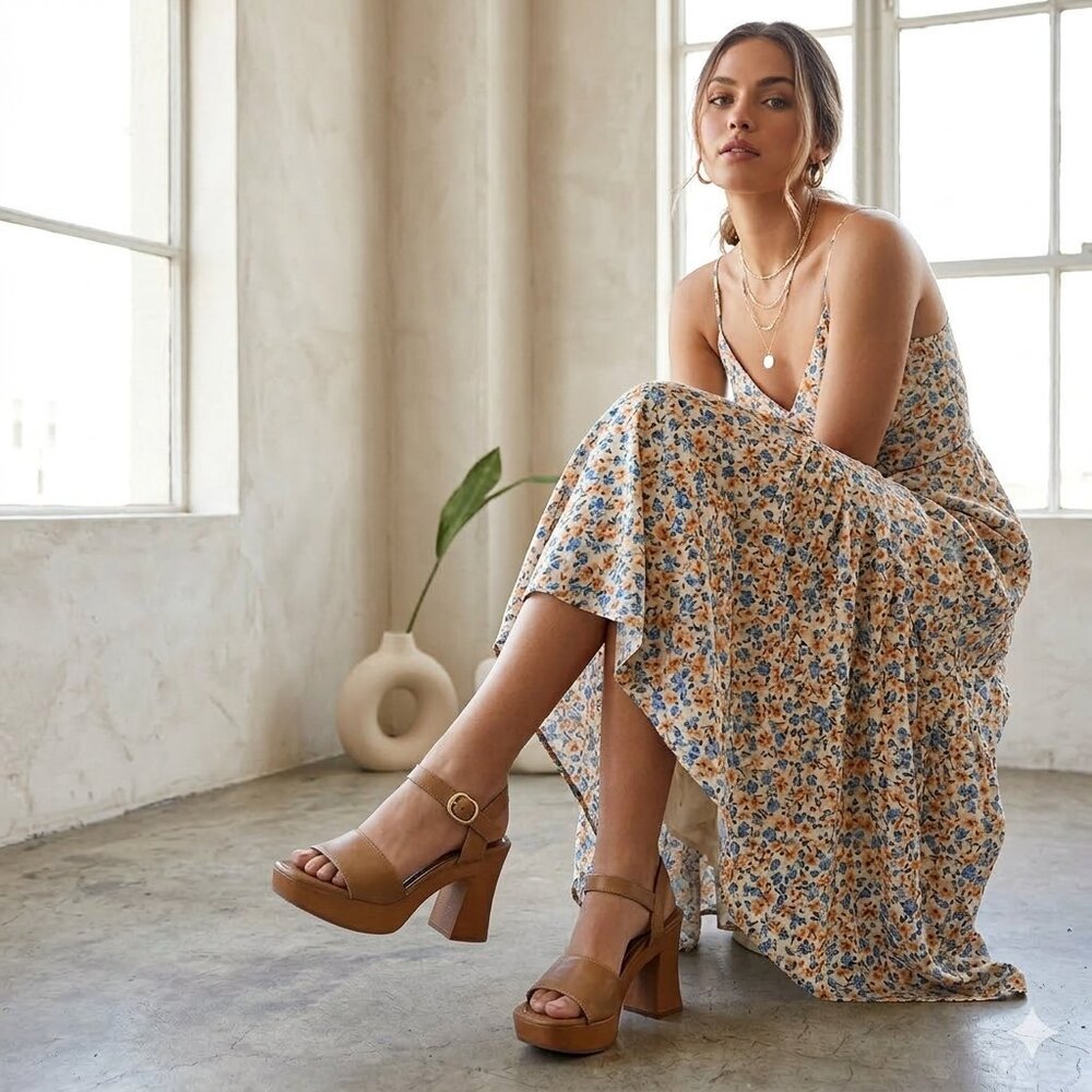 Curfew Tan Platform Block Heel Sandals 7 Ankle Strap Square Toe Y2K Boho Retro